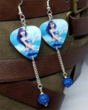 Mermaid Above Water Guitar Pick Earrings with Capri Blue Pave Bead Dangles