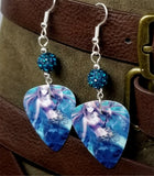 Mermaid with Staff in her Hand Guitar Pick Earrings with Teal Pave Beads