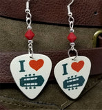 I Heart Guitars Guitar Pick Earrings with Red Swarovski Crystals
