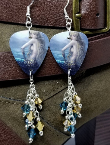 Mermaid Sitting Out of Water Guitar Pick Earrings with Cascading Swarovski Crystal Dangles
