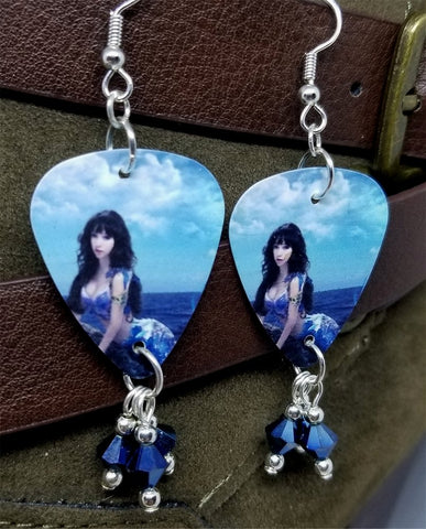 Mermaid Lounging Above Water Guitar Pick Earrings with Metallic Blue Swarovski Crystal Dangles
