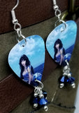 Mermaid Lounging Above Water Guitar Pick Earrings with Metallic Blue Swarovski Crystal Dangles
