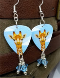 Giraffe Guitar Pick Earrings with Aqua Blue Swarovski Crystal Dangles