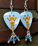 Giraffe Guitar Pick Earrings with Aqua Blue Swarovski Crystal Dangles