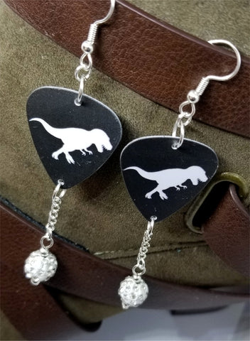 Tyrannosaurus Rex Guitar Pick Earrings with White Pave Bead Dangles