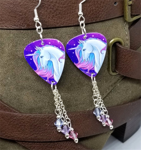 Purple, Pink and Blue Unicorn Guitar Pick Earrings with Swarovski Crystal Dangles