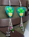 Smiling Cactus Guitar Pick Earrings with Cactus Charm and Swarovski Crystal Dangles