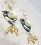 The Great Wave Off Kanagawa Guitar Pick Earrings with Champagne Colored Swarovski Crystal Dangles
