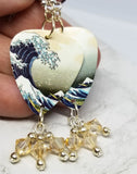 The Great Wave Off Kanagawa Guitar Pick Earrings with Champagne Colored Swarovski Crystal Dangles