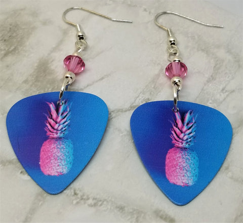Blue and Pink Pineapple Guitar Pick Earrings with Pink Swarovski Crystals