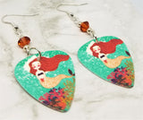 Mermaid Illustration Guitar Pick Earrings with Indian Red Swarovski Crystals