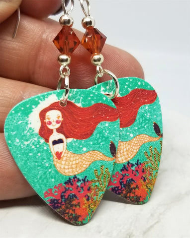 Mermaid Illustration Guitar Pick Earrings with Indian Red Swarovski Crystals