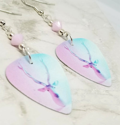 Stag on Pink and Blue Guitar Pick Earrings with Pink Alabaster Swarovski Crystals