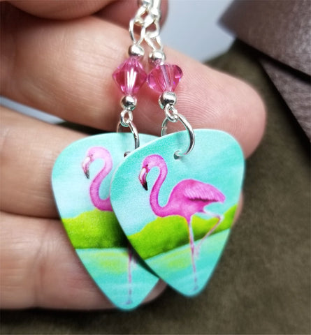 Pink Flamingo Guitar Pick Earrings with Pink Swarovski Crystals
