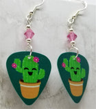Smiling Cactus Guitar Pick Earrings with Pink Swarovski Crystals