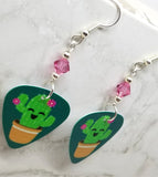 Smiling Cactus Guitar Pick Earrings with Pink Swarovski Crystals