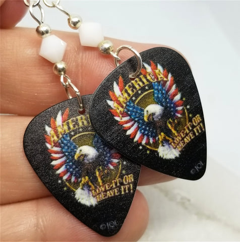 CLEARANCE America Love It Or Leave It Eagle With Flag Wings Guitar Pick Earrings with White Swarovski Crystals