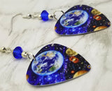 Planet Earth Guitar Pick Earrings with Blue Swarovski Crystals