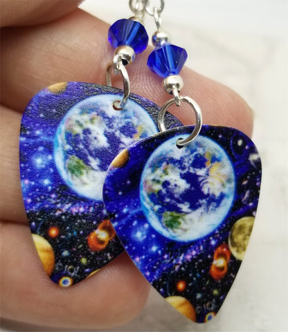 Planet Earth Guitar Pick Earrings with Blue Swarovski Crystals