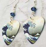 The Great Wave off Kanagawa Guitar Pick Earrings with Blue Swarovski Crystals