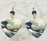 The Great Wave off Kanagawa Guitar Pick Earrings with Blue Swarovski Crystals