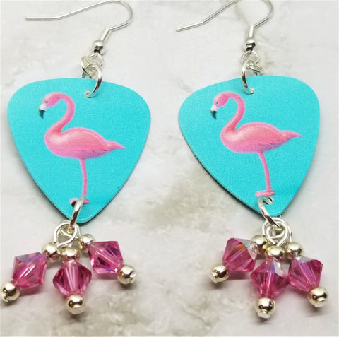 Pink Flamingo on Blue Guitar Pick Earrings with Pink AB Swarovski Crystal Dangles