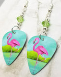 Pink Flamingo Guitar Pick Earrings with Green Swarovski Crystals