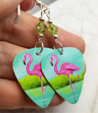 Pink Flamingo Guitar Pick Earrings with Green Swarovski Crystals