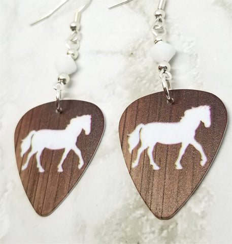 Horse Silhouette on Wood Grain Guitar Pick Earrings with White Swarovski Crystals