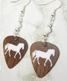 Horse Silhouette on Wood Grain Guitar Pick Earrings with White Swarovski Crystals