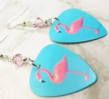 Pink Flamingo on Blue Guitar Pick Earrings with Pink Swarovski Crystals