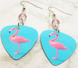 Pink Flamingo on Blue Guitar Pick Earrings with Pink Swarovski Crystals