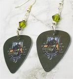 POW MIA Over a Motorcycle on Green Guitar Pick Earrings with Green Swarovski Crystals