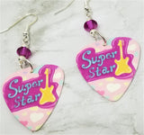 Super Star Guitar Pick Earrings with Fuchsia Swarovski Crystal Dangles