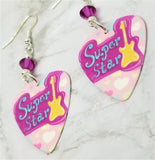 Super Star Guitar Pick Earrings with Fuchsia Swarovski Crystal Dangles