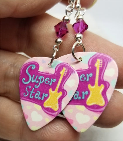 Super Star Guitar Pick Earrings with Fuchsia Swarovski Crystal Dangles