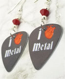 I Heart Metal Guitar Pick Earrings with Red Swarovski Crystals