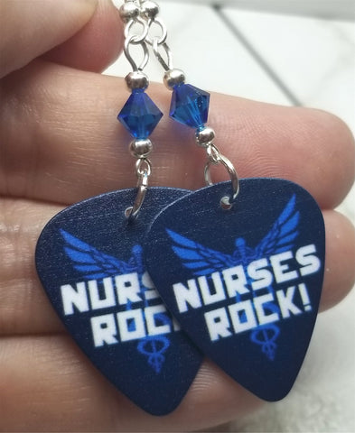 Nurses Rock Guitar Pick Earrings with Capri Blue Swarovski Crystals