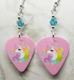 Unicorn on Soft Pink Guitar Pick Earrings with Blue Swarovski Crystals