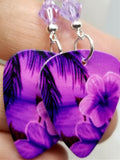 Tropical Scene Guitar Pick Earrings with Purple Swarovski Crystals