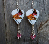 Tattooed Blonde Pin Up Girl Guitar Pick Earrings with Pink Swarovski Crystal Dangles