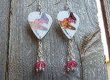 Tattooed Blonde Pin Up Girl Guitar Pick Earrings with Pink Swarovski Crystal Dangles