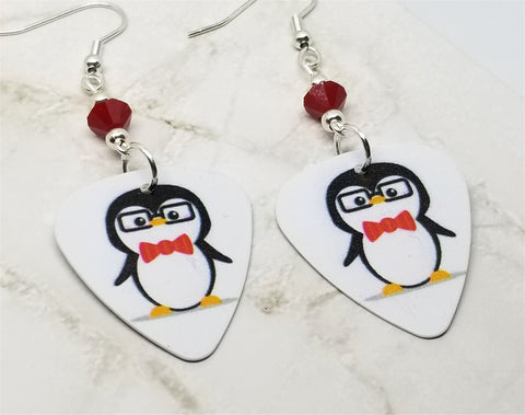 Nerdy Penguin Guitar Pick Earrings with Red Swarovski Crystals