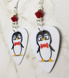 Nerdy Penguin Guitar Pick Earrings with Red Swarovski Crystals