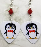 Nerdy Penguin Guitar Pick Earrings with Red Swarovski Crystals