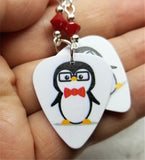 Nerdy Penguin Guitar Pick Earrings with Red Swarovski Crystals