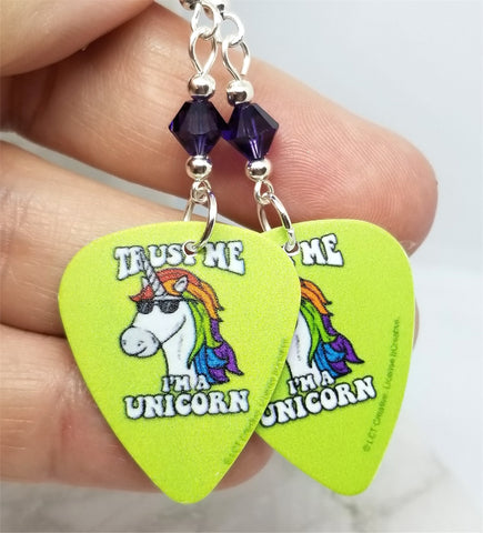 Trust Me I'm A Unicorn Guitar Pick Earrings with Purple Swarovski Crystals