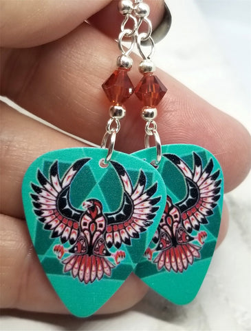 Thunderbird Guitar Pick Earrings with Indian Red Swarovski Crystals