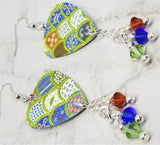 Green and Blue Scalloped Quilt Pattern Guitar Pick Swarovski Crystal Dangles