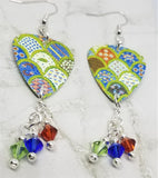 Green and Blue Scalloped Quilt Pattern Guitar Pick Swarovski Crystal Dangles